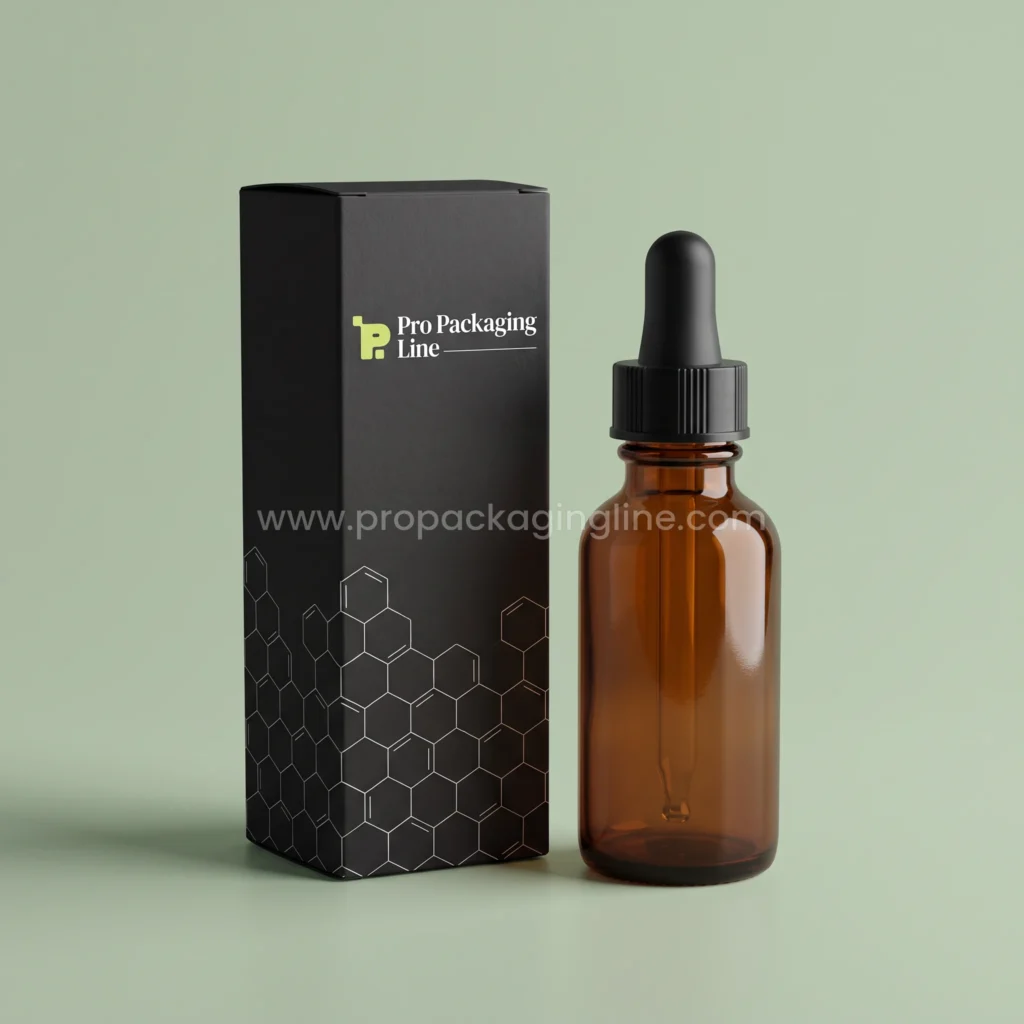 Custom matte black serum tuck end box with white hexagon pattern beside an amber glass dropper bottle