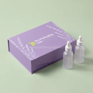 Custom lavender rigid magnetic closure serum gift box with lavender line art and two frosted dropper bottles