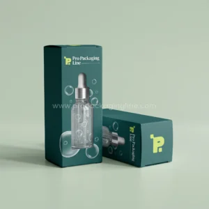 Custom deep teal serum box with die-cut window showing a glass dropper bottle and bubble print design