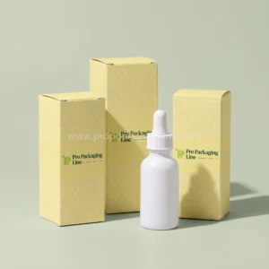 Three custom butter yellow serum tuck boxes in different sizes with honeycomb pattern and a white dropper bottle