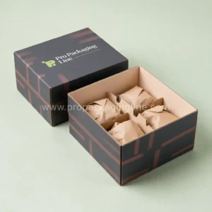 Custom charcoal two-piece telescoping shipping box with terracotta stripes and cardboard divider insert by Pro Packaging Line
