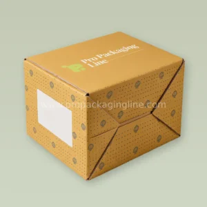 Custom mustard crash-lock bottom shipping box with navy dot and globe print and label panel by Pro Packaging Line