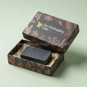 Custom charcoal two-piece lid and base soap box with copper herb print and charcoal soap by Pro Packaging Line