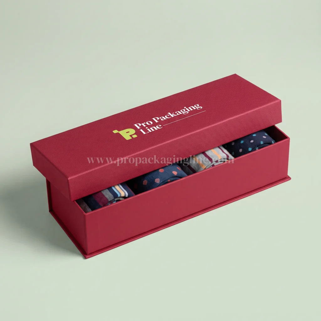 Ruby red magnetic socks gift box with rolled patterned socks, Pro Packaging Line logo