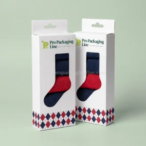 White hang-tab sock boxes with sock-shaped window and argyle band, Pro Packaging Line logo