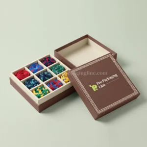 Cocoa brown socks gift box with nine-compartment grid insert and colorful socks, Pro Packaging Line logo