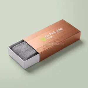 Copper sleeve and tray sock box with grey wool socks, Pro Packaging Line logo