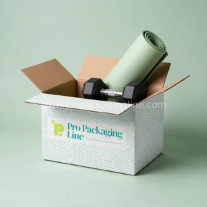 White shipping carton with yoga mat and dumbbells