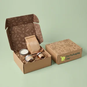 Custom subscription boxes - kraft subscription mailer with brown coffee and leaf print inside by Pro Packaging Line