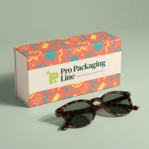 Cream sunglasses box with Memphis pattern and tortoiseshell sunglasses, Pro Packaging Line logo