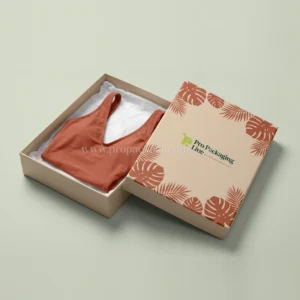Sand two-piece swimwear box with monstera leaf print and terracotta swimsuit, Pro Packaging Line logo