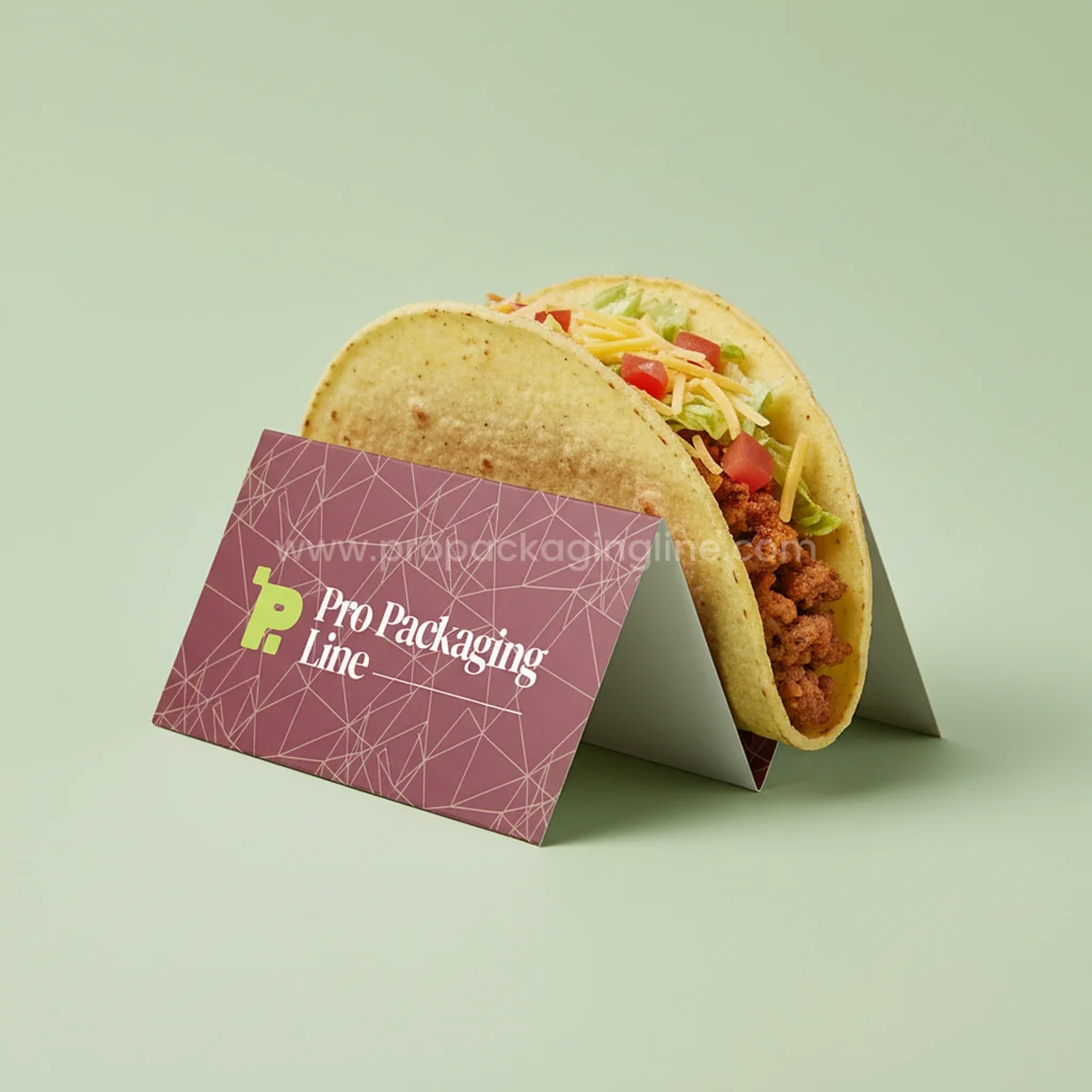 Custom printed burgundy paperboard single taco holder with line pattern and logo