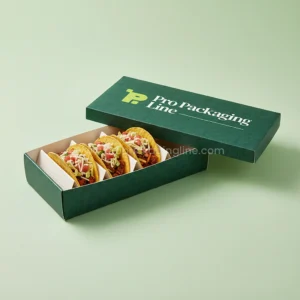Custom printed forest green two-piece taco box with lid and insert holding tacos upright