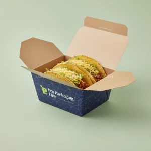 Custom printed navy fold-top takeout taco box with kraft interior holding three tacos