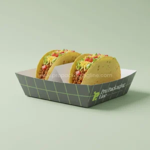 Custom printed charcoal open taco tray with divider holding two tacos and logo