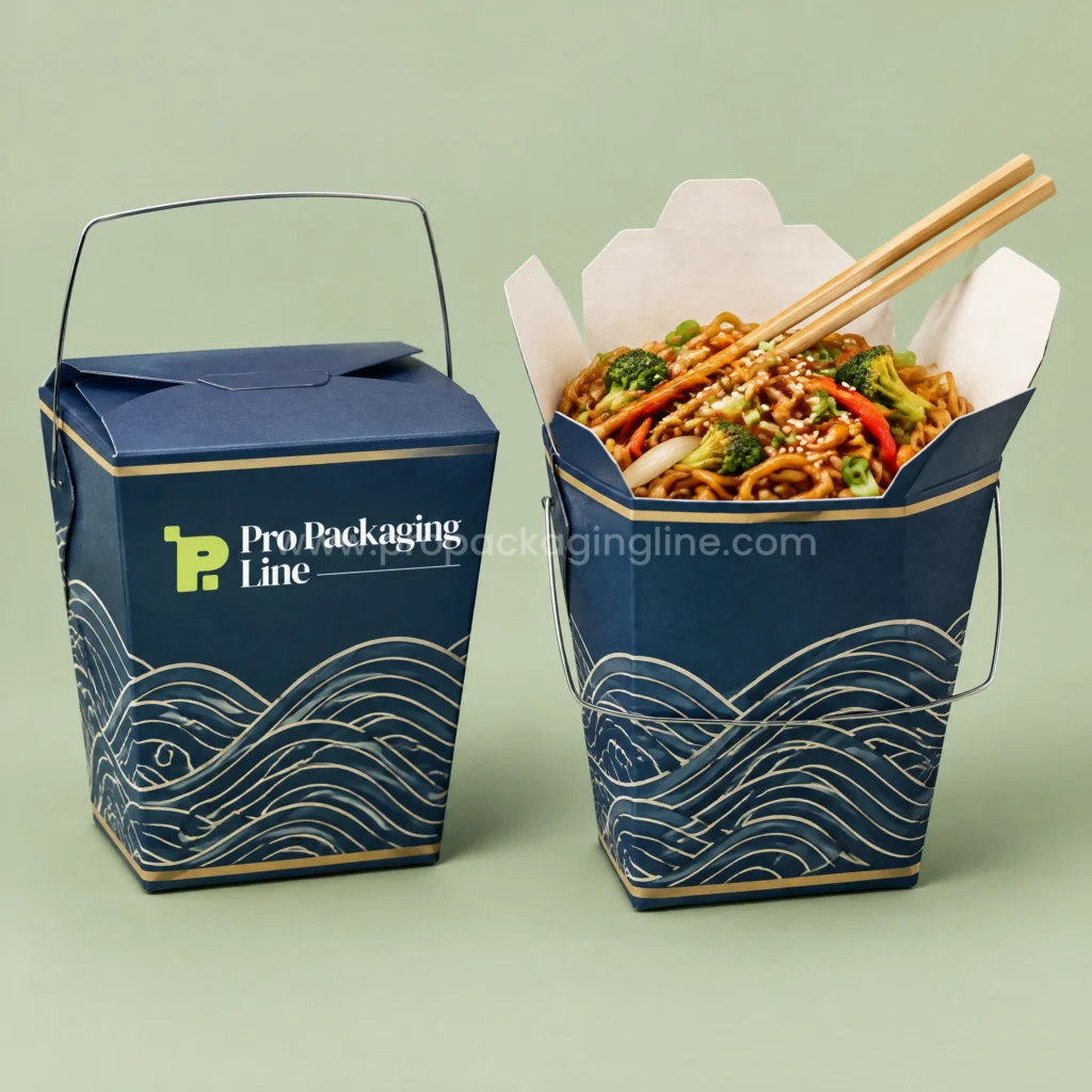 Custom navy noodle takeout pails with wire handle and cream wave pattern, one open with noodles and chopsticks