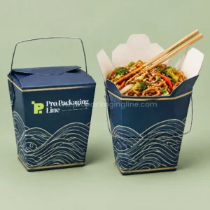 Custom navy noodle takeout pails with wire handle and cream wave pattern, one open with noodles and chopsticks