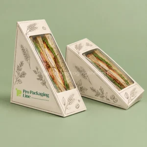Custom cream sandwich wedge boxes with window and taupe wheat line art holding club sandwiches