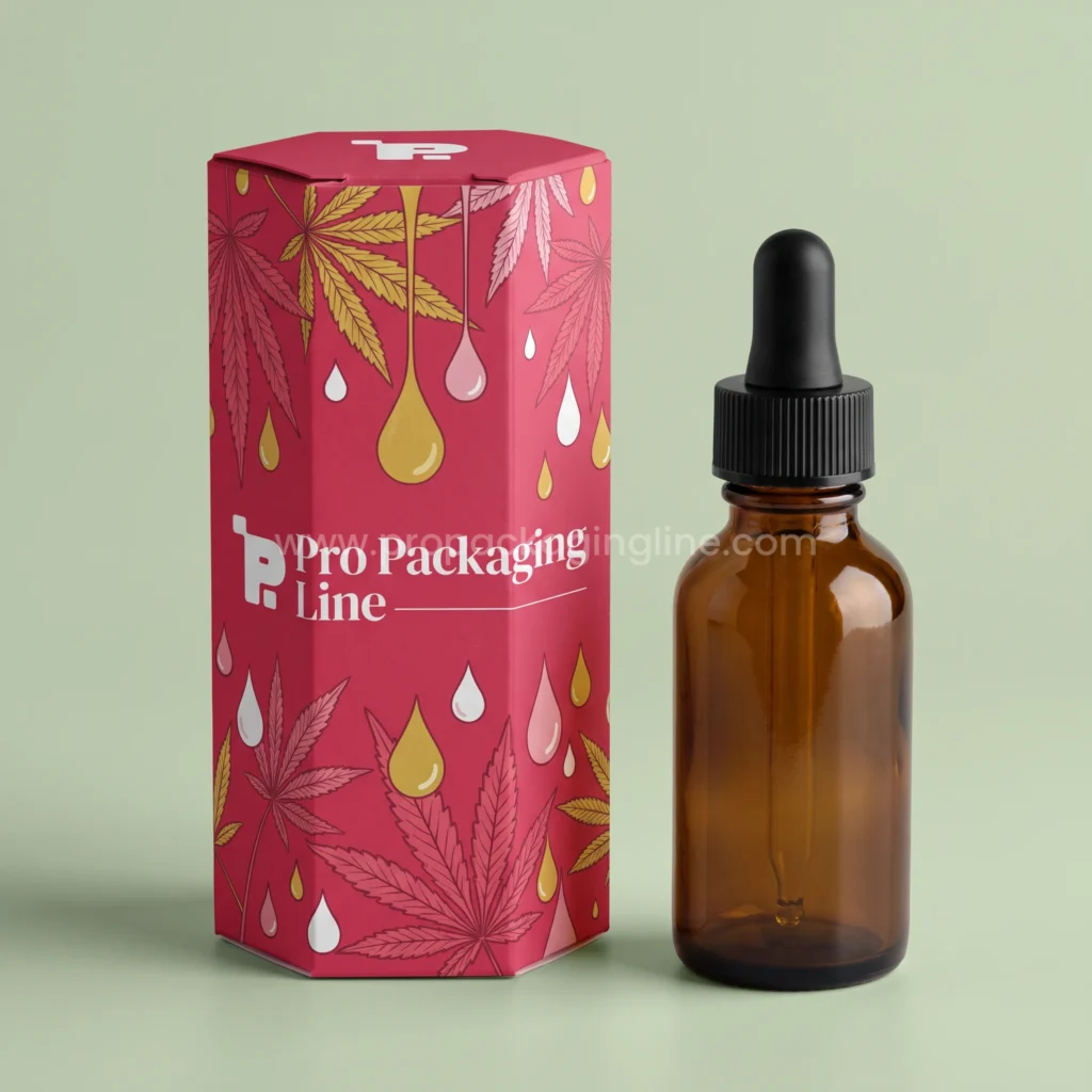 Custom raspberry hexagon tincture box with hemp leaf and oil droplet print beside an amber dropper bottle