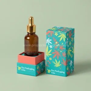 Custom teal shoulder and neck rigid tincture box with coral inner neck and floral hemp print holding a dropper bottle