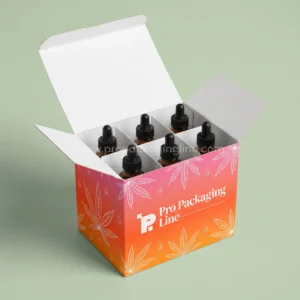 Custom orange to pink gradient crash-lock carton with dividers holding six tincture dropper bottles