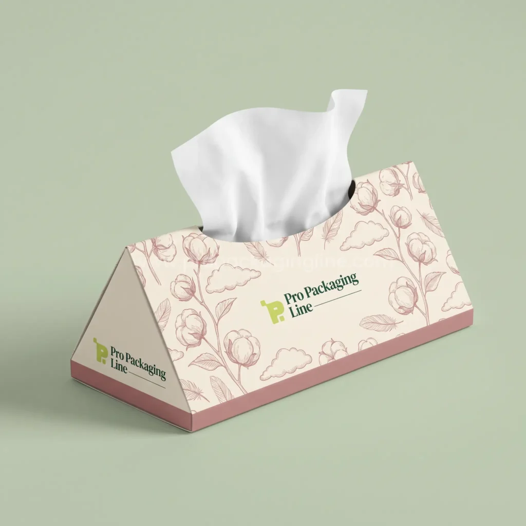 Custom tissue box: cream triangular prism tissue box with dusty rose cotton flower and cloud artwork, Pro Packaging Line logo