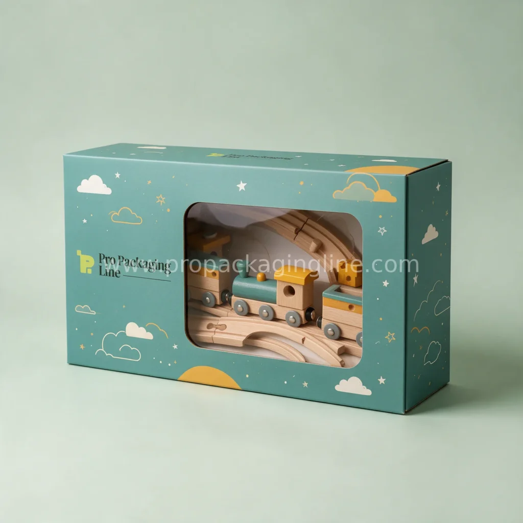 Teal printed toy box with window showing wooden train set