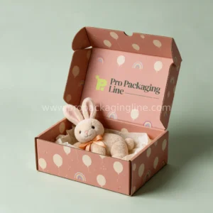 Coral printed toy mailer box with plush bunny inside