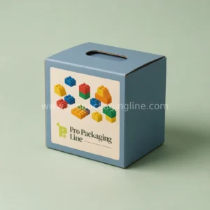 Blue cube toy box with building block print and handle