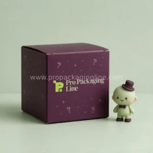 Plum blind box collectible toy box beside vinyl figure