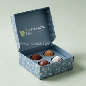 Dusty blue truffle box with hinged lid and four truffles