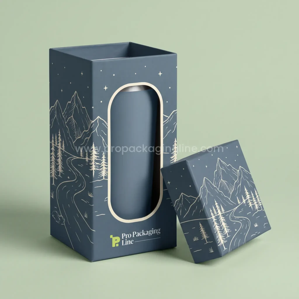 Custom tumbler box: tall slate blue two-piece rigid box with oblong window and mountain trail artwork, Pro Packaging Line logo