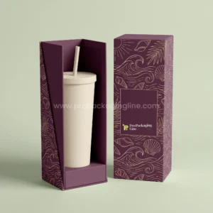 Custom tumbler box: plum open-front display cradle with matching sleeve and ocean wave artwork holding a tumbler, Pro Packaging Line logo