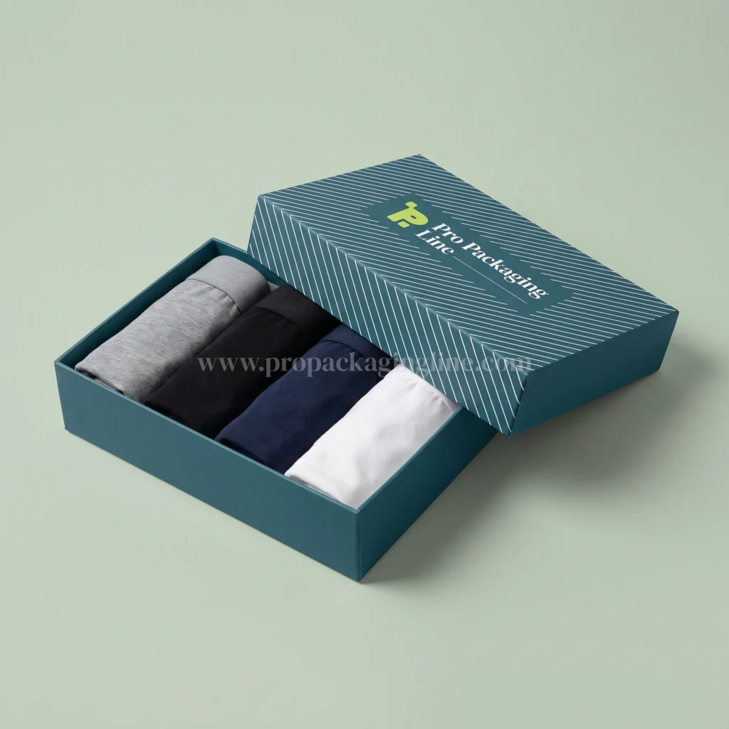Petrol blue underwear multipack box with folded boxer briefs, Pro Packaging Line logo on the lid