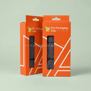 Orange hang-tab underwear retail boxes with window and boxer briefs, Pro Packaging Line logo
