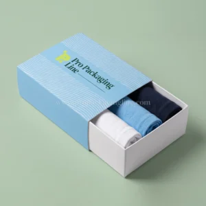 Sky blue sleeve and tray underwear box with rolled boxer briefs, Pro Packaging Line logo