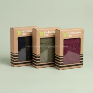 Kraft window underwear boxes with black racing stripes and boxer briefs, Pro Packaging Line logo