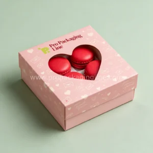 Blush pink box with heart window showing red macarons