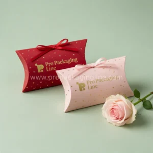 Red and blush Valentine pillow favor boxes with ribbon