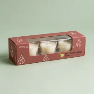 Votive candle box with clear PVC window holding three votives by Pro Packaging Line