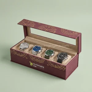 Custom watch boxes - burgundy four-watch collection box with window lid and gold chronograph print by Pro Packaging Line