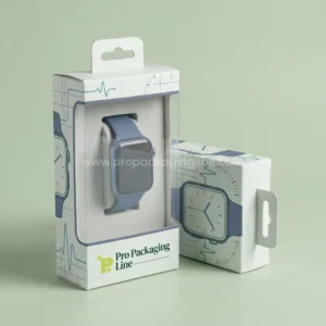 Custom watch boxes - white smart watch retail box with hang tab, window and slate blue line art by Pro Packaging Line