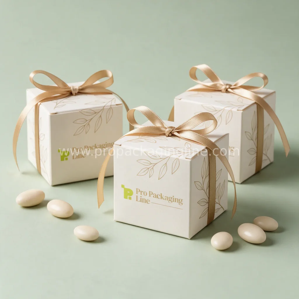 Ivory cube wedding favor boxes with ribbon and eucalyptus print