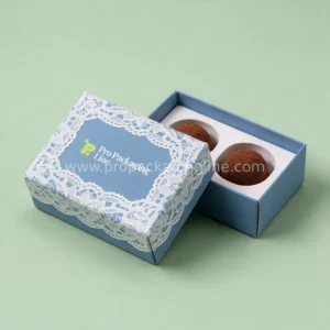 Dusty blue lace print two-piece wedding favor box with truffles