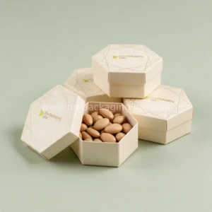 Champagne hexagon wedding favor boxes with almonds