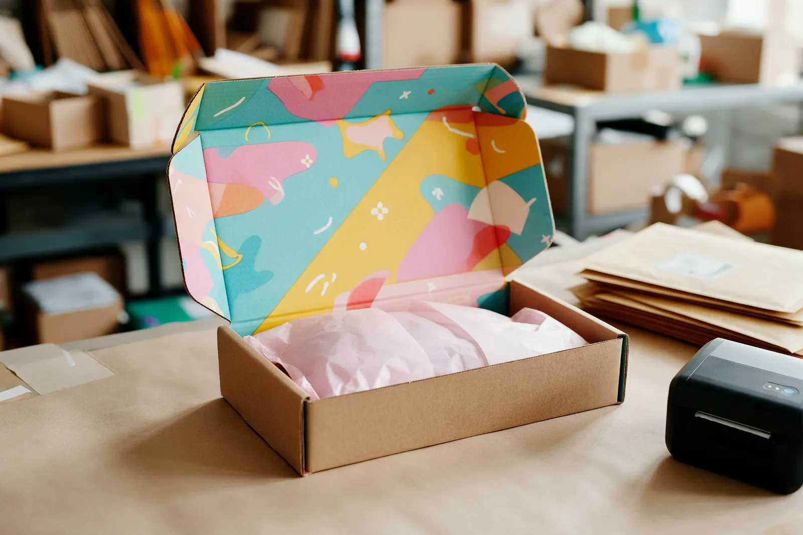 Open printed mailer box at an e-commerce packing station