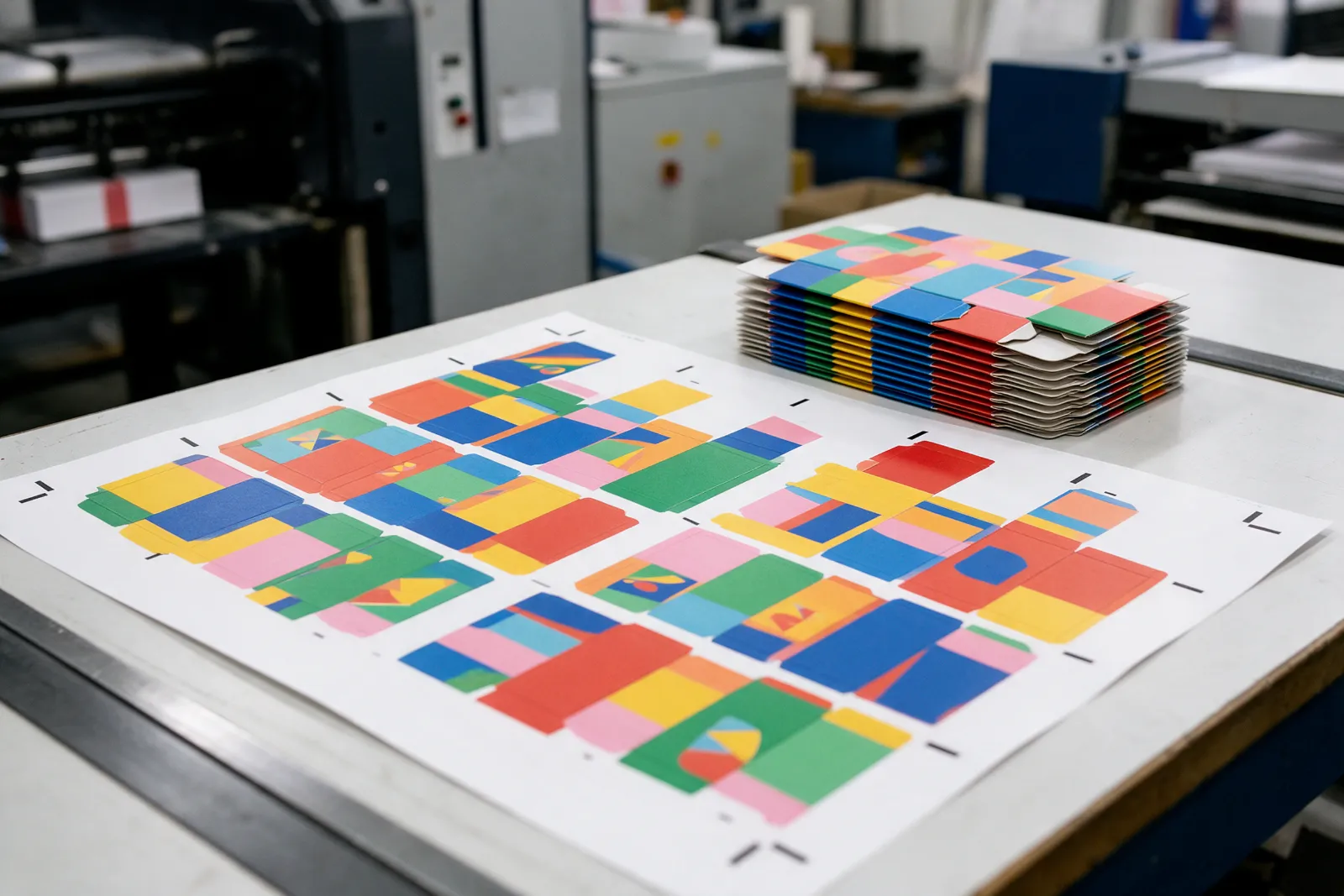 Printed sheet of box panels with crop marks and bleed beside finished cartons
