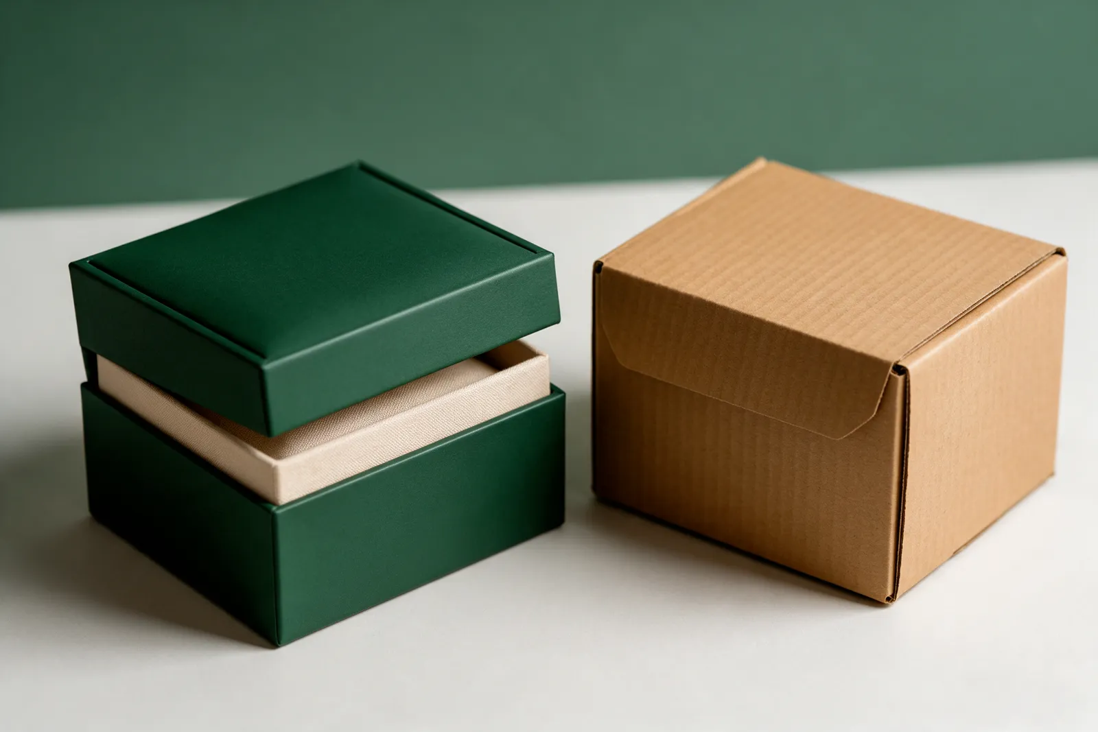 Green rigid magnetic gift box next to a brown kraft mailer box