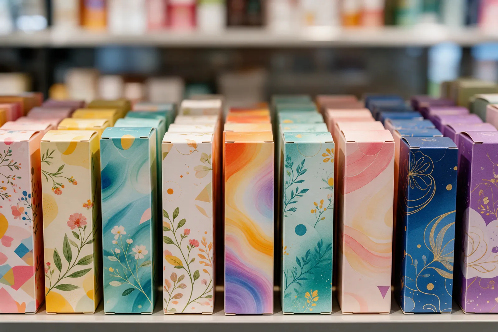 Printed tuck-end cartons on a retail shelf